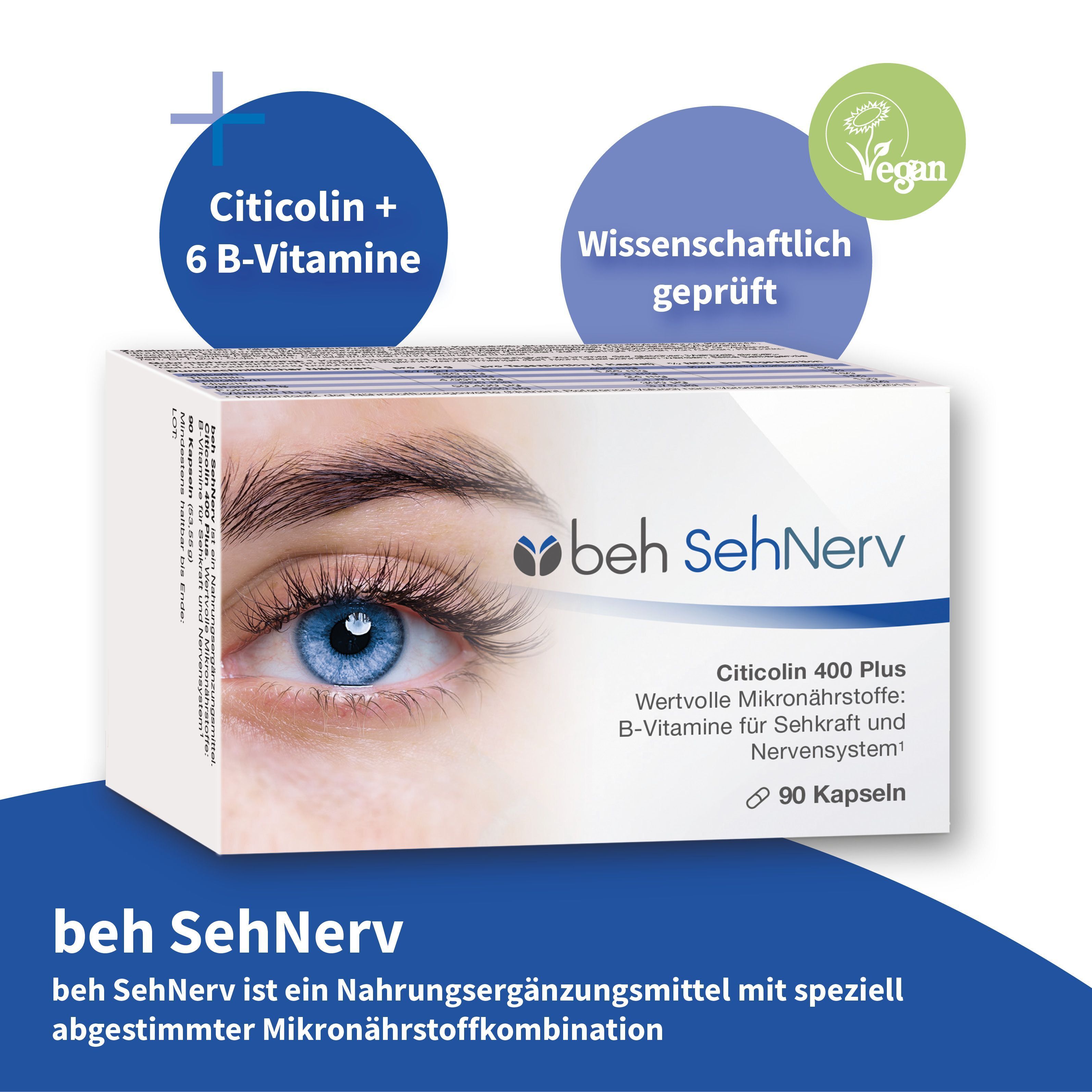Packung sehNerv mit Siegeln 'Vegan' und 'Wissenschaftlich geprüft'. Enthält Citicolin + 6 B-Vitamine.