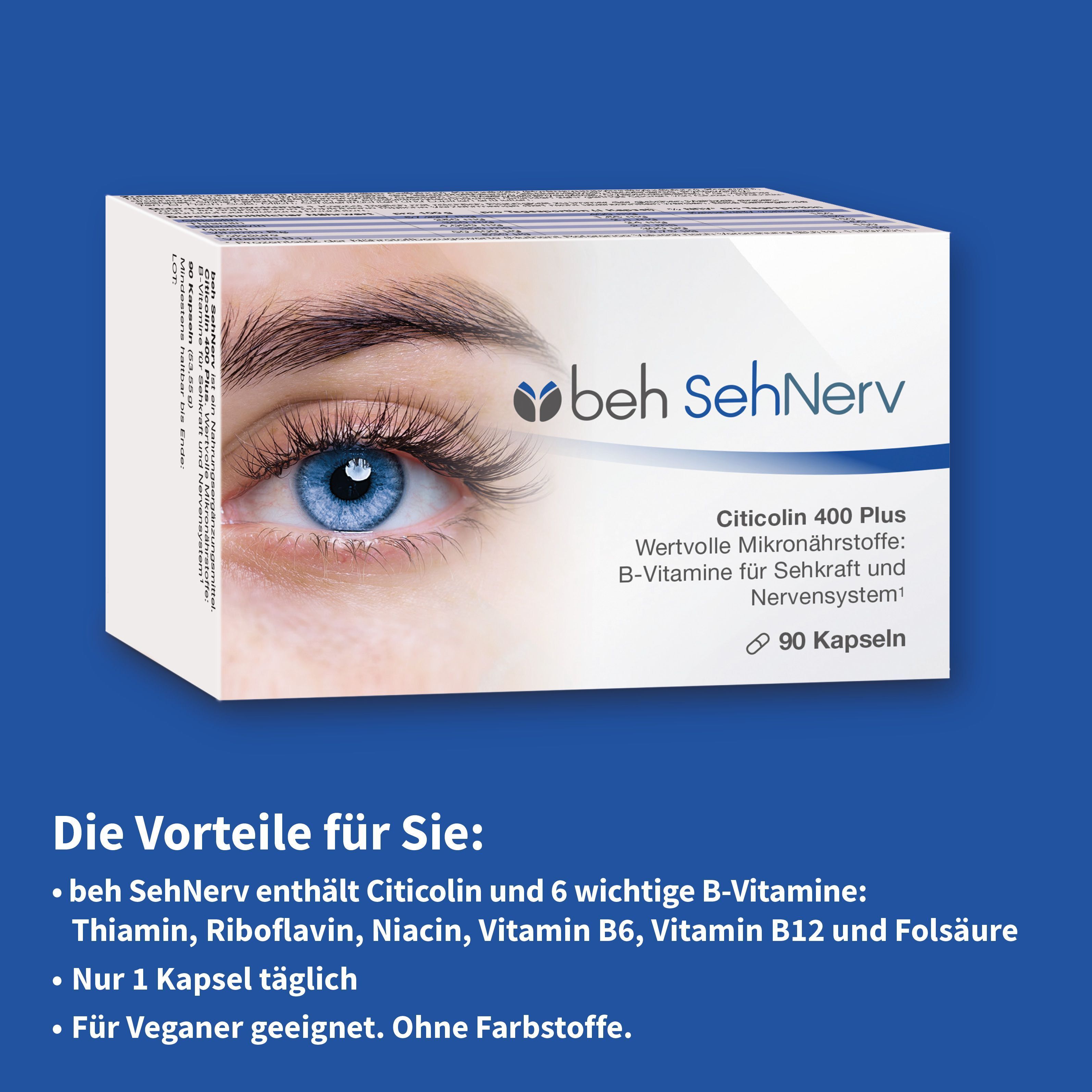 Vorderseite einer sehNerv Packung mit Vorteilen: Citicolin, 6 B-Vitamine, 1 Kapsel täglich, vegan.