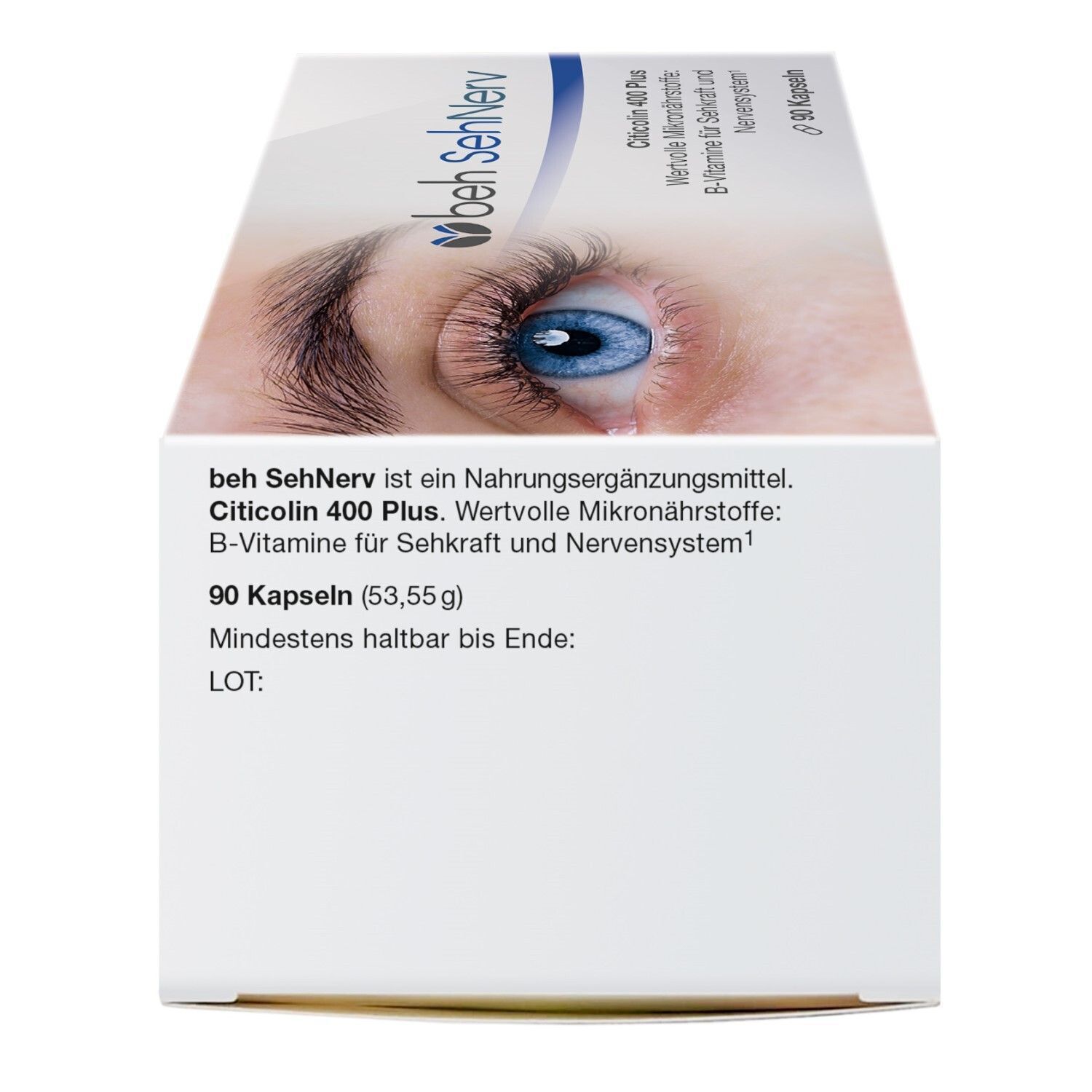 Seitenansicht einer sehNerv Packung mit Produktinformationen: 90 Kapseln, Mindesthaltbarkeit.