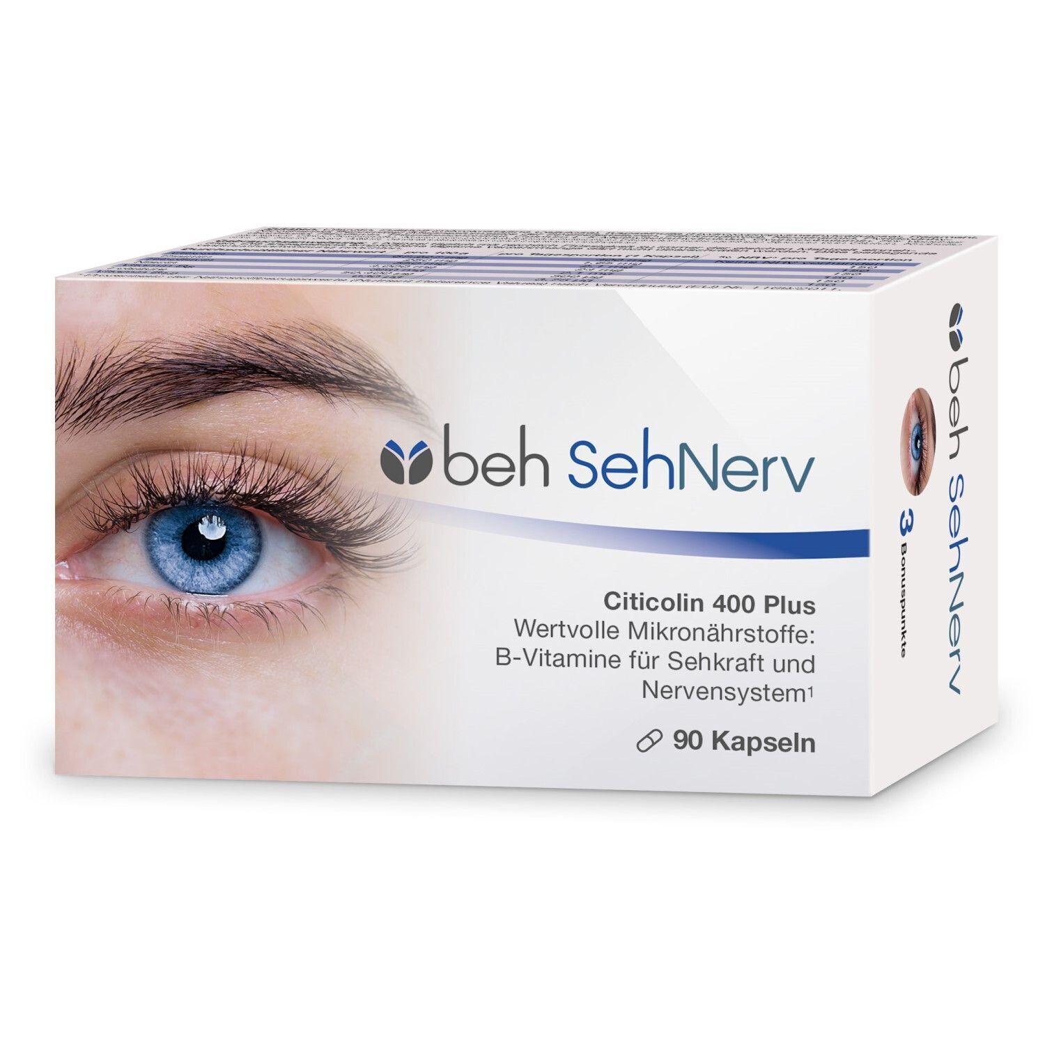 Drei Packungen sehNerv nebeneinander, mit Fokus auf das Auge und Produktnamen.