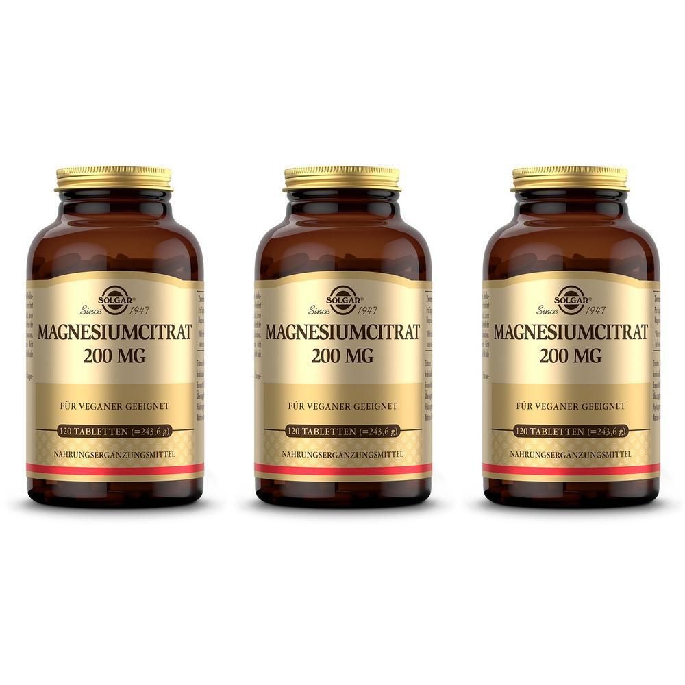 Drei Braunglasflaschen Solgar Magnesiumcitrat 200 mg mit goldenen Schraubverschlüssen.