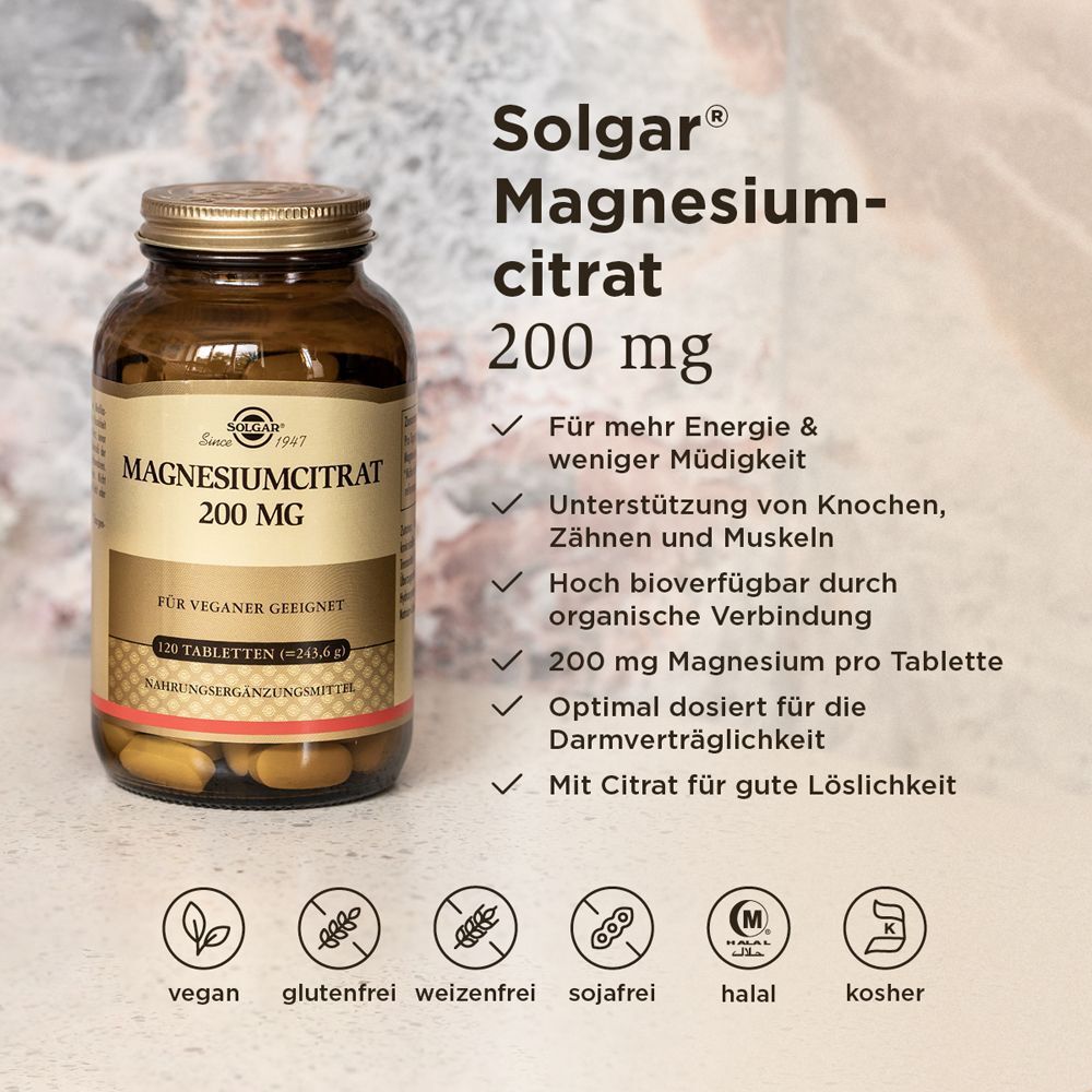 Solgar Magnesiumcitrat 200 mg Flasche mit Siegel und vegan-, gluten-, weizen-, sojafrei, halal, kosher Symbolen.