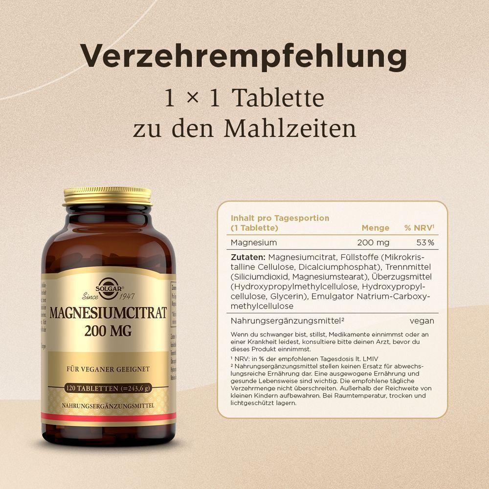 Solgar Magnesiumcitrat 200 mg Flasche und Nährwertangaben mit veganem Siegel.
