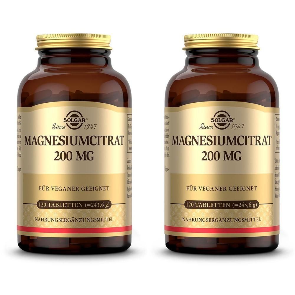 Zwei Braunglasflaschen Solgar Magnesiumcitrat 200 mg mit goldenen Schraubverschlüssen.