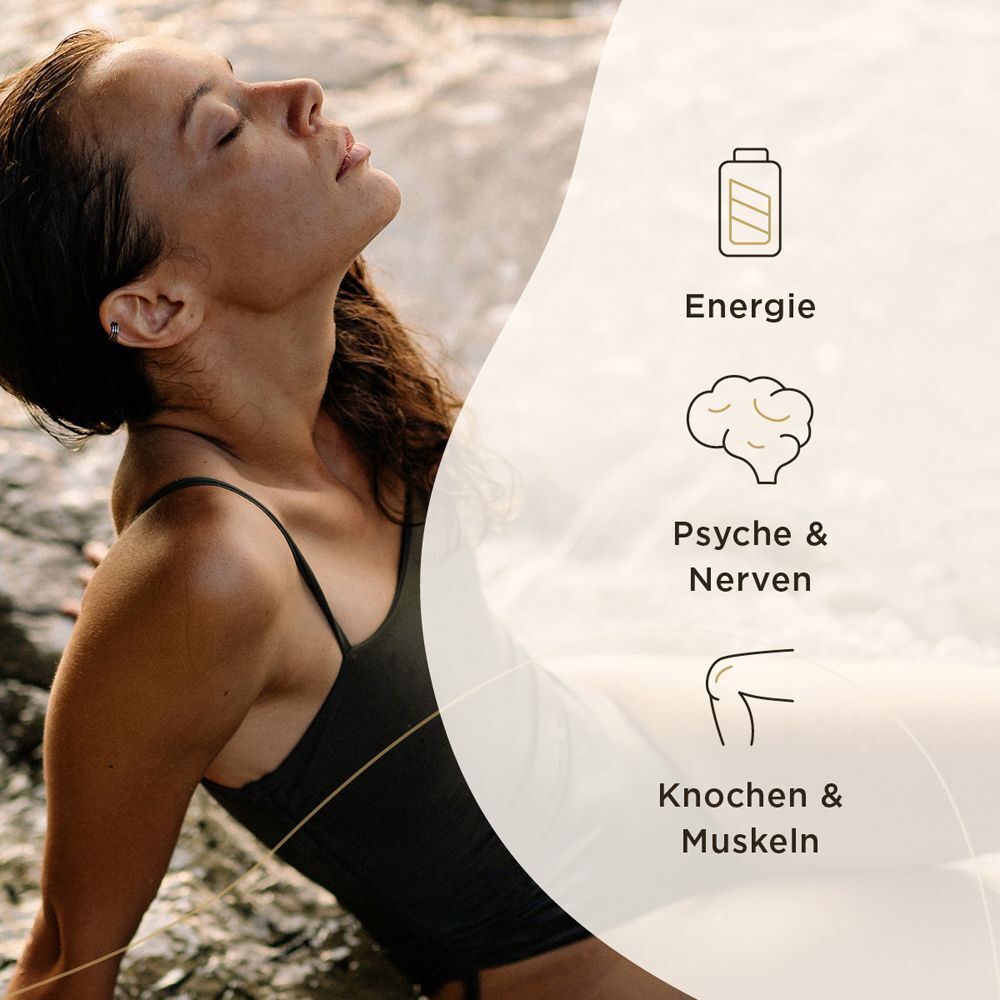 Frau entspannt im Freien, Symbole für Energie, Psyche & Nerven, Knochen & Muskeln.