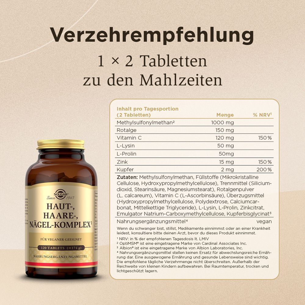 Braune Glasflasche des Haut-, Haare-, Nägelkomplex-Nahrungsergänzungsmittels mit Nährwertangaben.