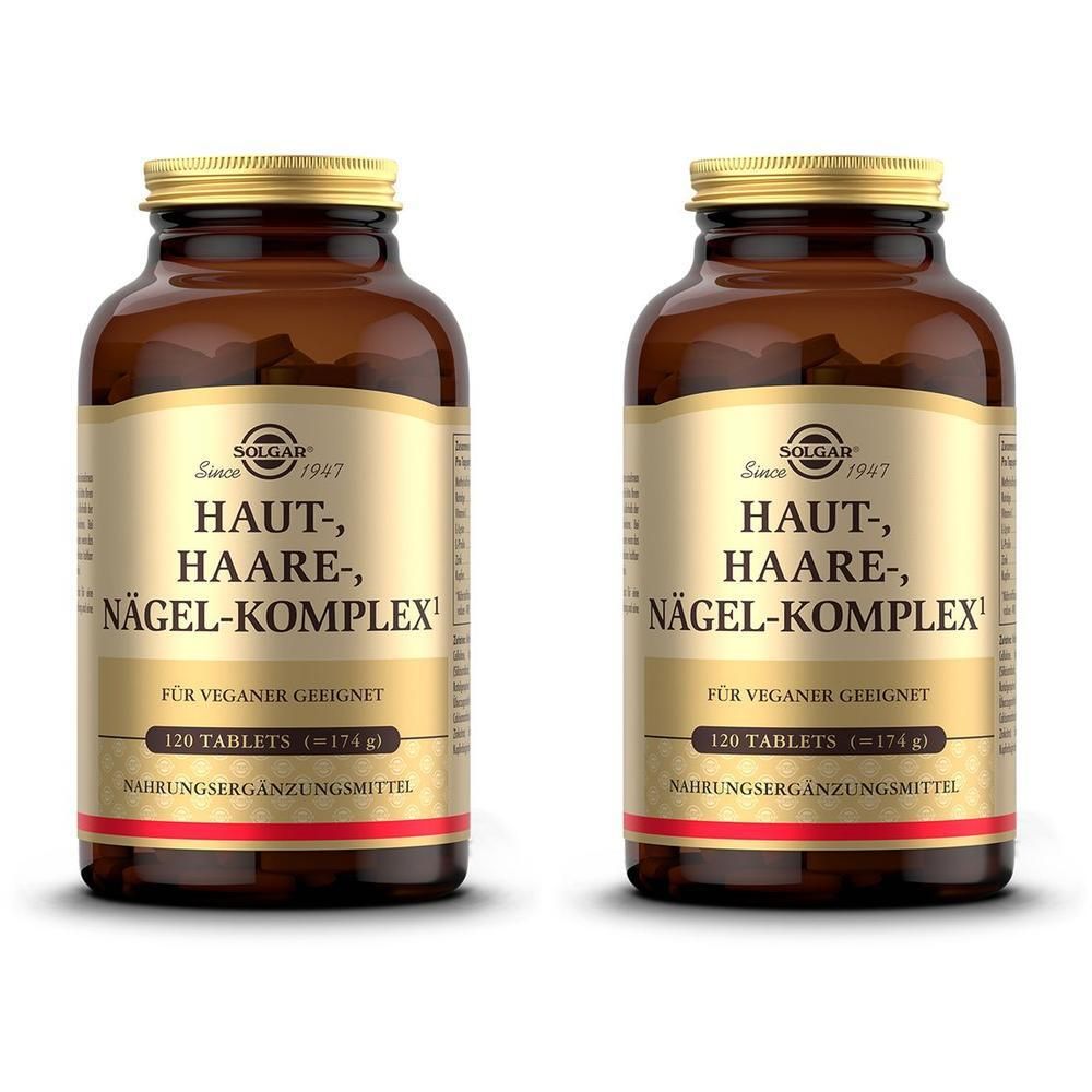 Zwei Braunglasflaschen des Nahrungsergänzungsmittels SOLGAR® Haut-, Haare-, Nägel-Komplex mit je 120 Tabletten.