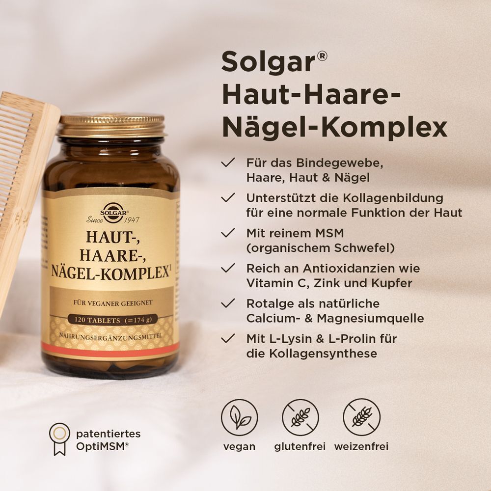 Braunglasflasche SOLGAR® Haut-, Haare-, Nägel-Komplex mit 120 veganen Tabletten und einem Holzkamm.