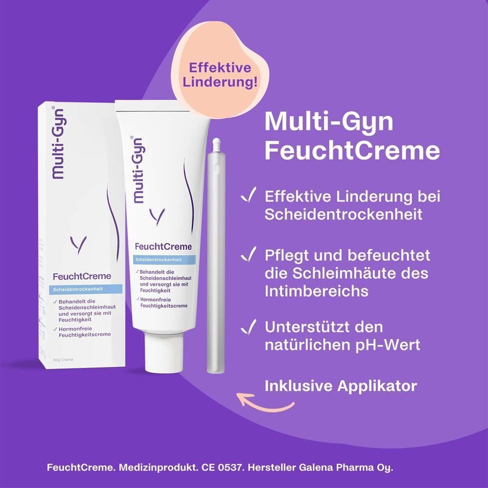 Multi-Gyn FeuchtCreme Tube und Schachtel mit Applikator. Effektive Linderung bei Scheidentrockenheit.