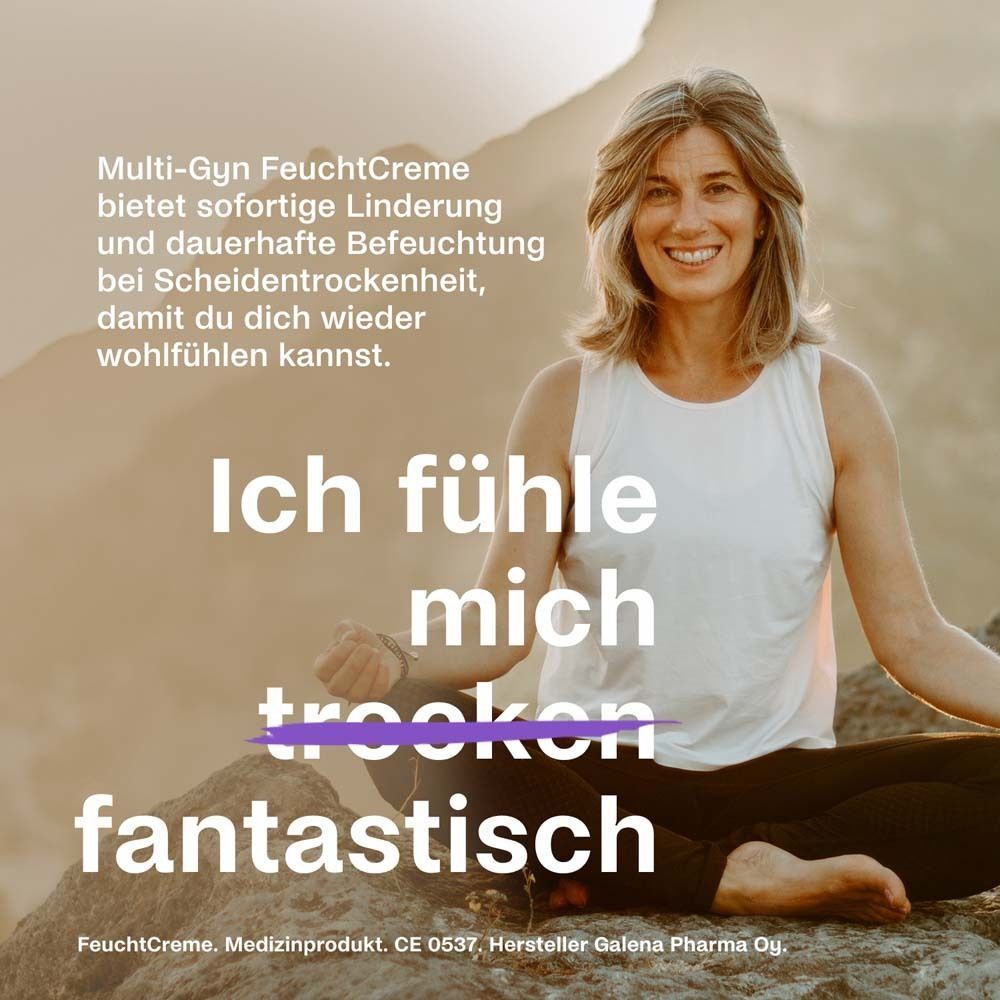 Lächelnde Frau in Yogapose. Multi-Gyn FeuchtCreme für Wohlbefinden bei Scheidentrockenheit.