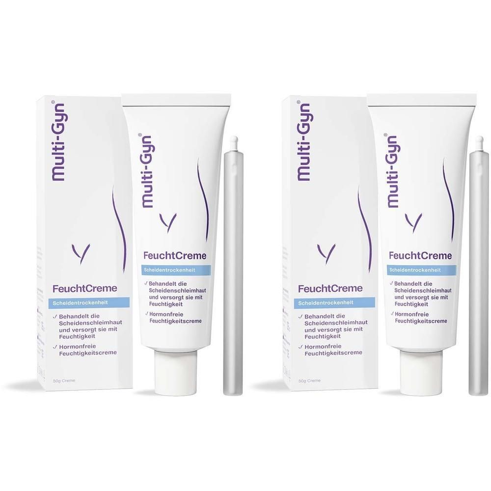 Zwei Packungen Multi-Gyn FeuchtCreme mit je einer Tube und einem Applikator.