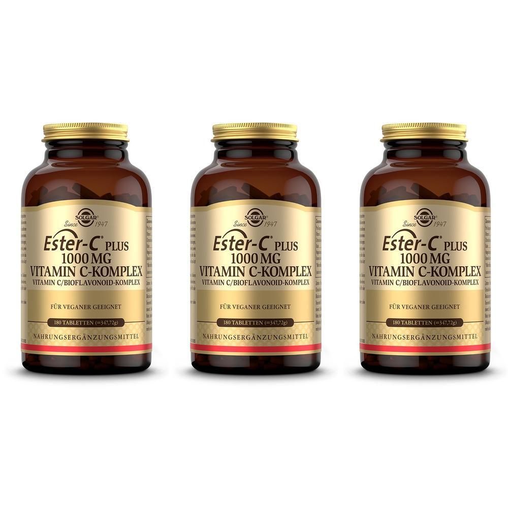 Drei Flaschen Solgar Ester-C Plus 1000 mg Vitamin C-Komplex.