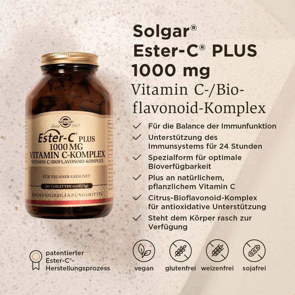 Flasche Solgar Ester-C Plus 1000 mg Vitamin C-Komplex mit Produktvorteilen.