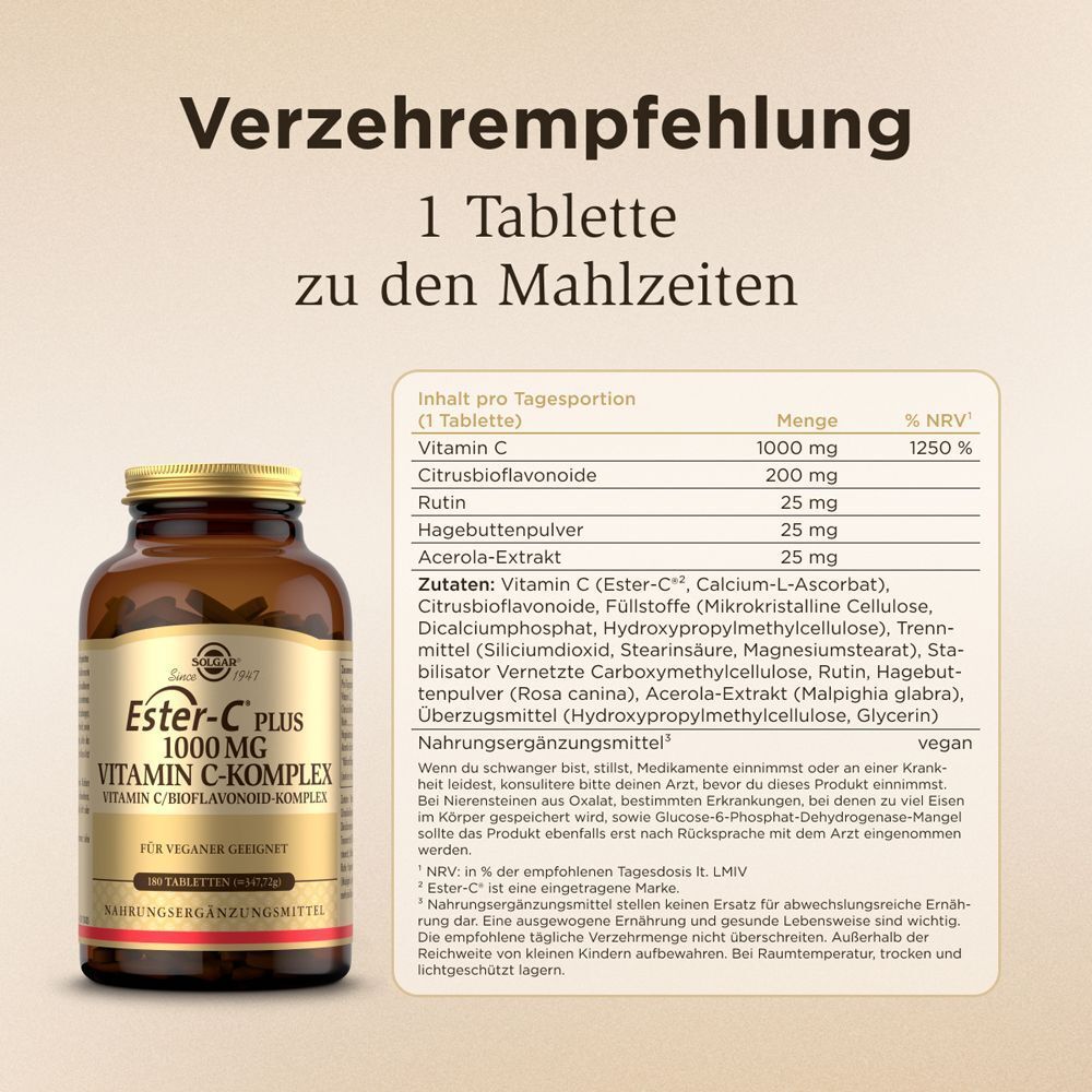 Flasche Solgar Ester-C Plus 1000 mg und Verzehrempfehlung von 1 Tablette.