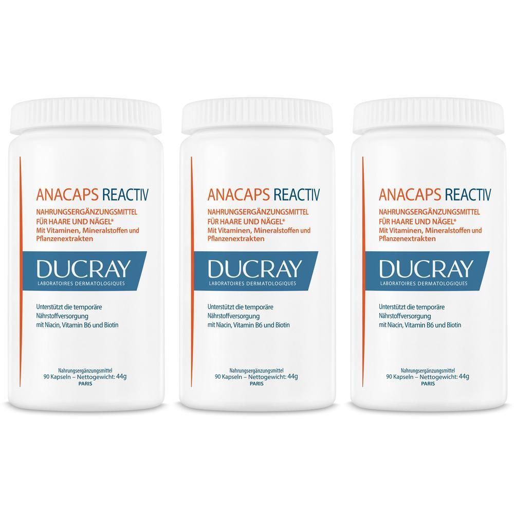 Drei DUCRAY ANACAPS REACTIV Flaschen für Haare und Nägel, mit Vitaminen, Mineralstoffen und Pflanzenextrakten.