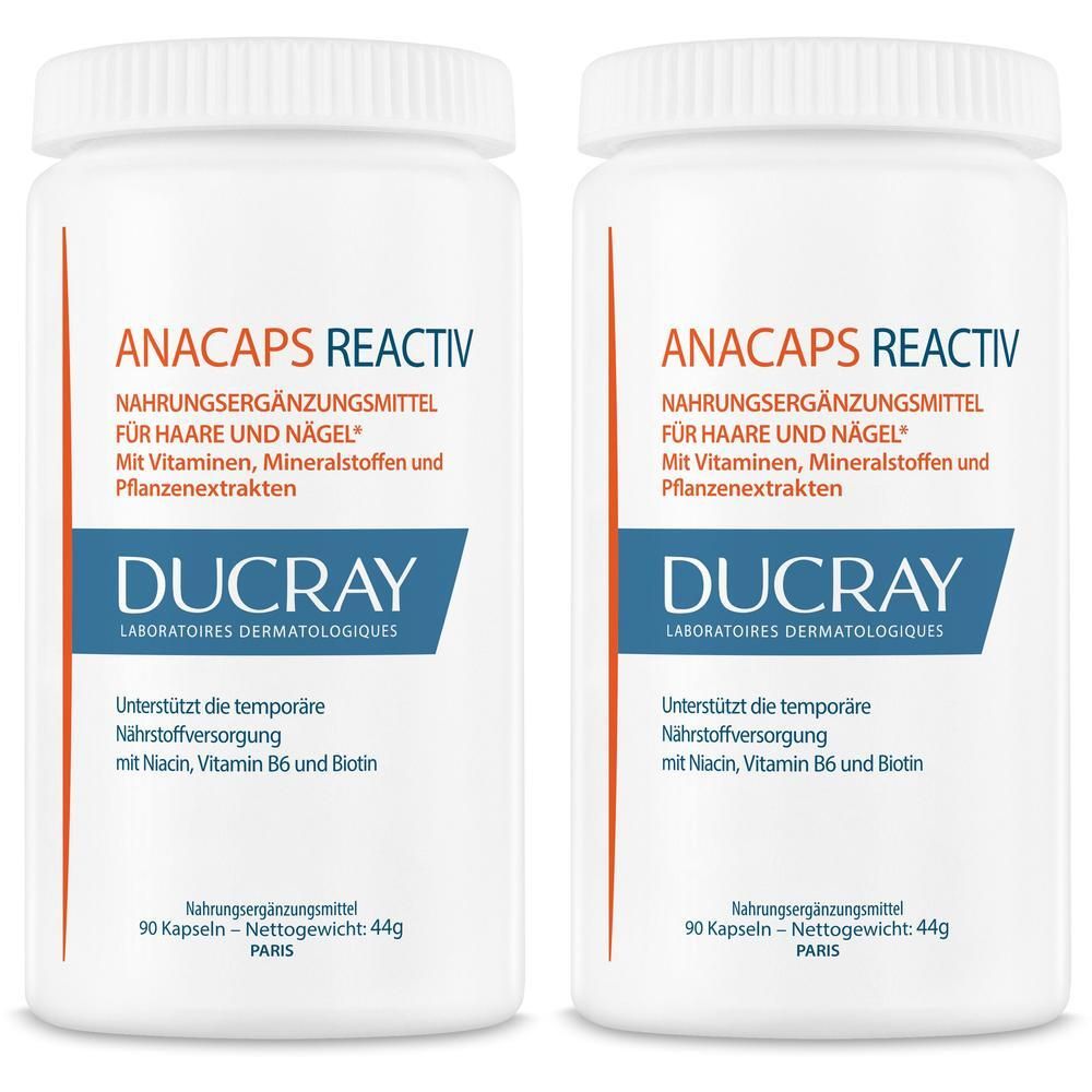 Zwei DUCRAY ANACAPS REACTIV Flaschen, Nahrungsergänzungsmittel für Haare und Nägel.