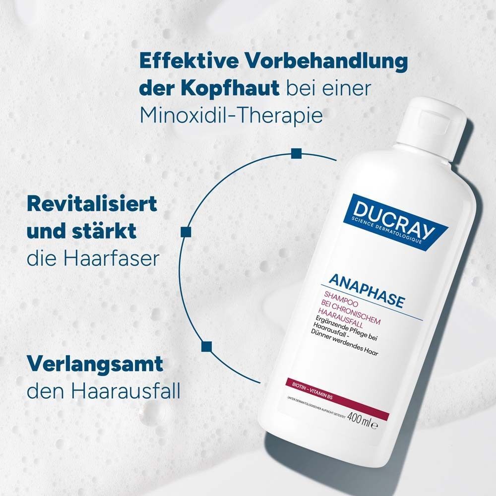 Flasche Ducray Anaphase Shampoo (400ml) mit Schaumeffekten und Text.