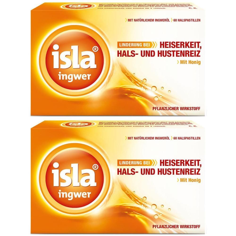 Zwei Packungen Isla Ingwer Halspastillen mit Honig, Linderung bei Heiserkeit und Hustenreiz.