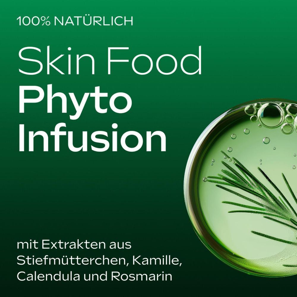 Grüner Hintergrund mit Text Skin Food Phyto Infusion und Kräuterextrakt in Öl.