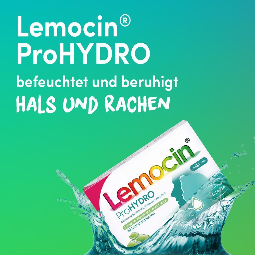 Lemocin ProHYDRO Lutschtabletten in Wasserfontäne, beruhigt Hals und Rachen.