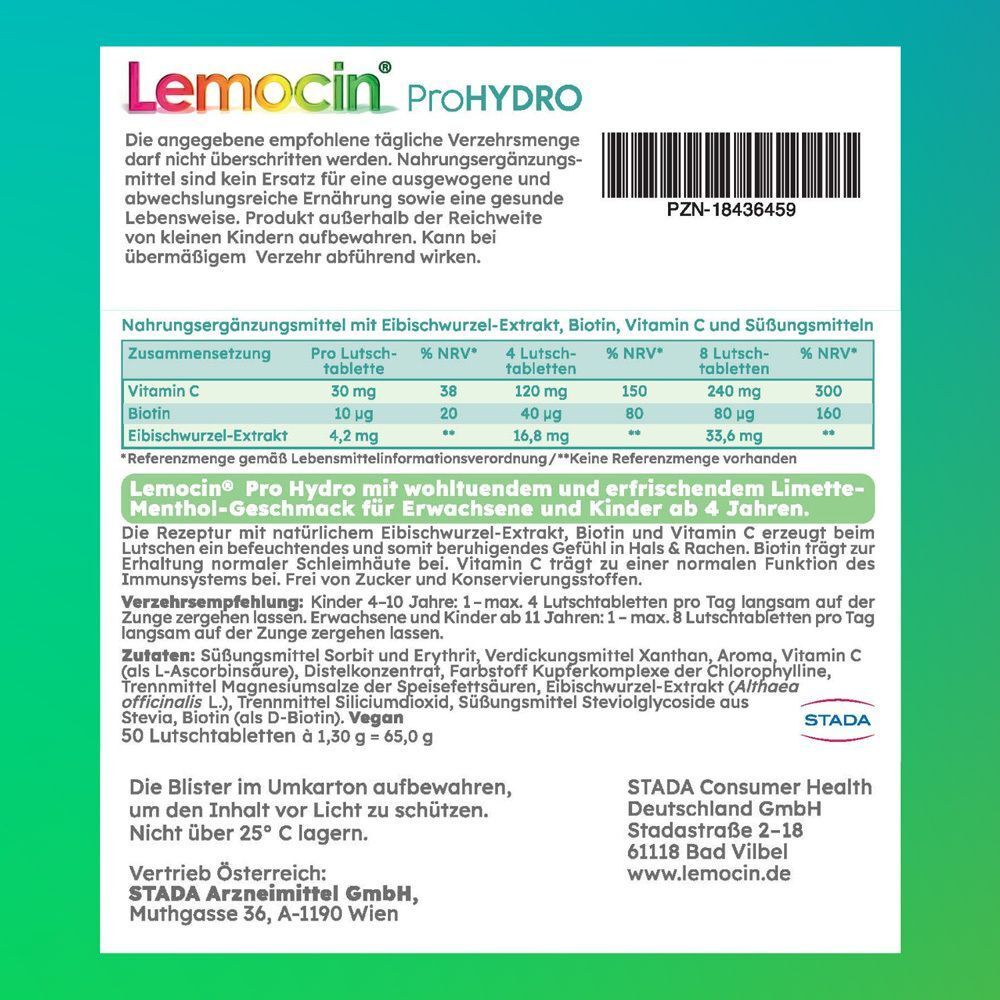 Lemocin ProHYDRO Lutschtabletten mit Limette-Menthol-Geschmack, 20 Stück.
