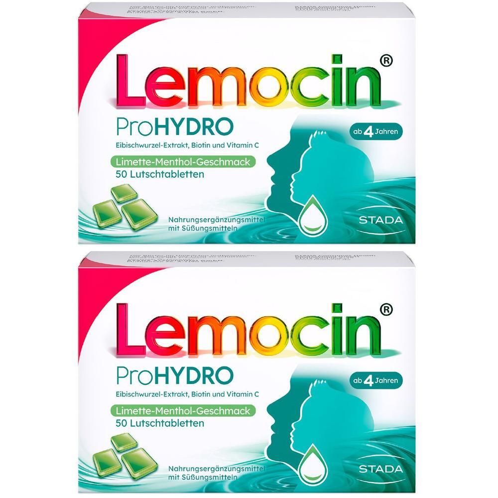 Zwei Packungen Lemocin ProHYDRO Lutschtabletten mit Vitamin C, Biotin und Eibischwurzelextrakt.
