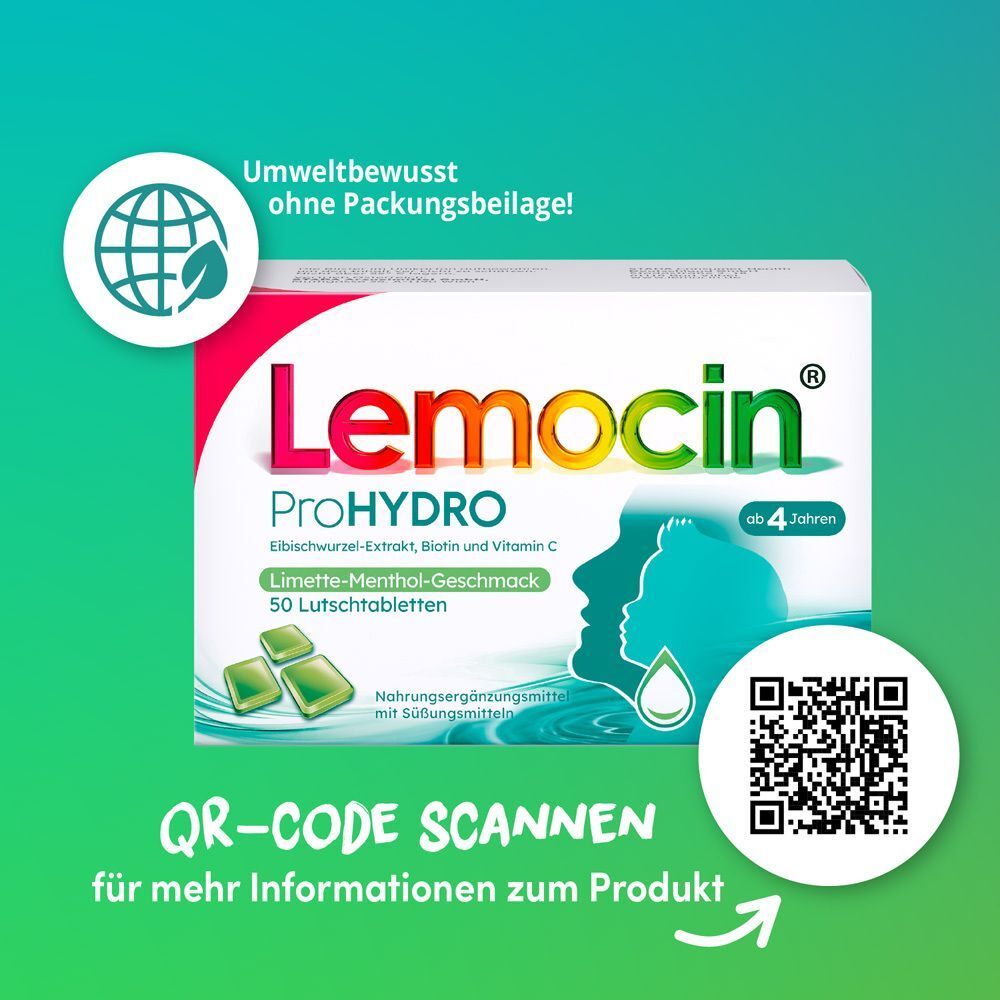 Lemocin ProHYDRO Packung mit Umwelt-Siegel, QR-Code und Hinweis zum Scannen für mehr Infos.