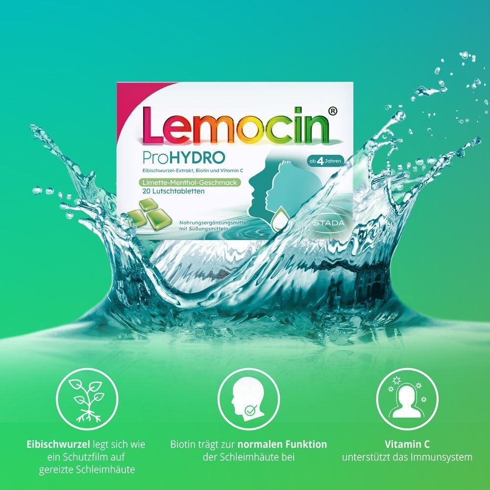 Lemocin ProHYDRO Packung mit Icons für Eibischwurzel, Biotin und Vitamin C zur Immununterstützung.