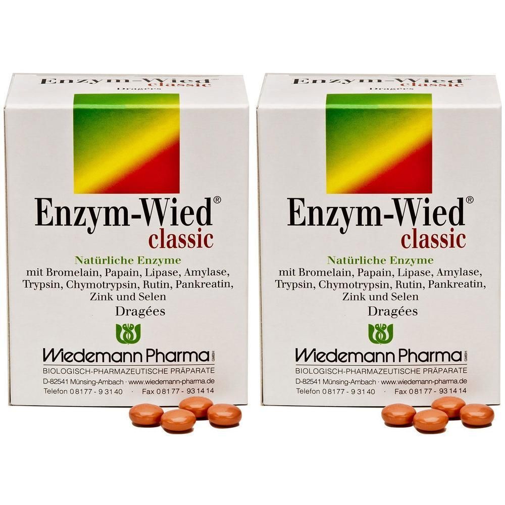 Zwei Packungen Enzym-Wied® classic Dragées mit Bromelain, Papain, Lipase, Amylase, Trypsin, Chymotrypsin, Rutin, Pankreatin, Zink und Selen.