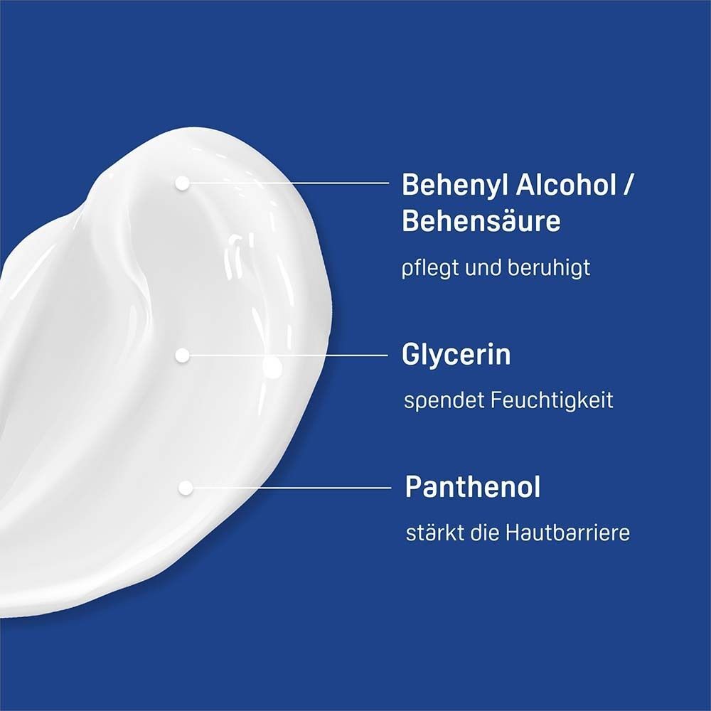 Nahaufnahme von Creme mit Beschriftungen für Behenylalkohol, Glycerin und Panthenol.
