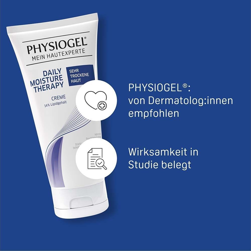 Tubo di PHYSIOGEL Daily Moisture Therapy Creme, empfohlen von Dermatologen, Wirksamkeit belegt.