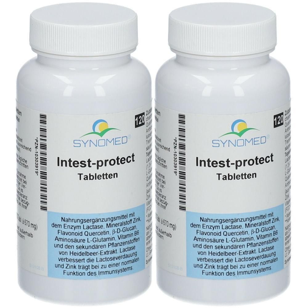 Zwei Flaschen SYNOMED Intest-protect Tabletten, 120 Tabletten pro Flasche.