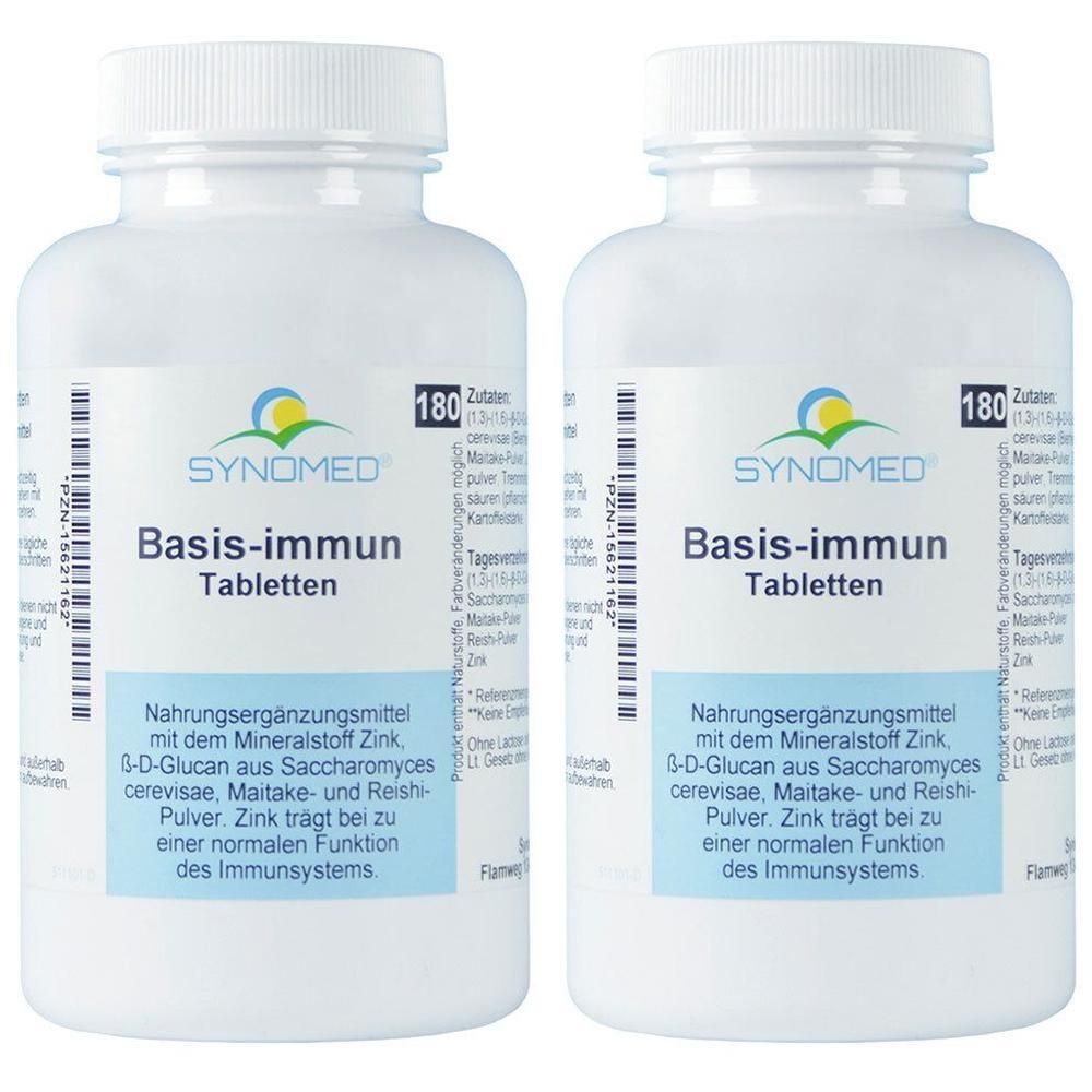 Zwei weiße Flaschen SYNOMED Basis-immun Tabletten, jede enthält 180 Tabletten. Nahrungsergänzungsmittel mit Zink.