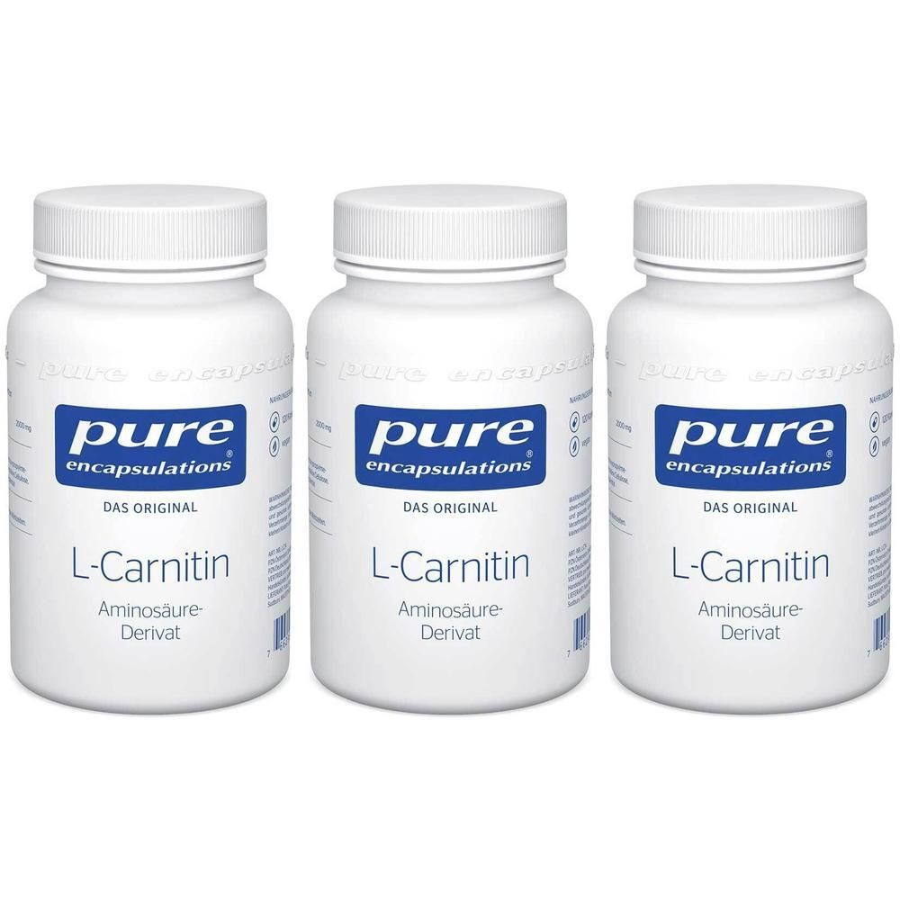 Drei weiße Flaschen mit pure encapsulations® L-Carnitin Etiketten.