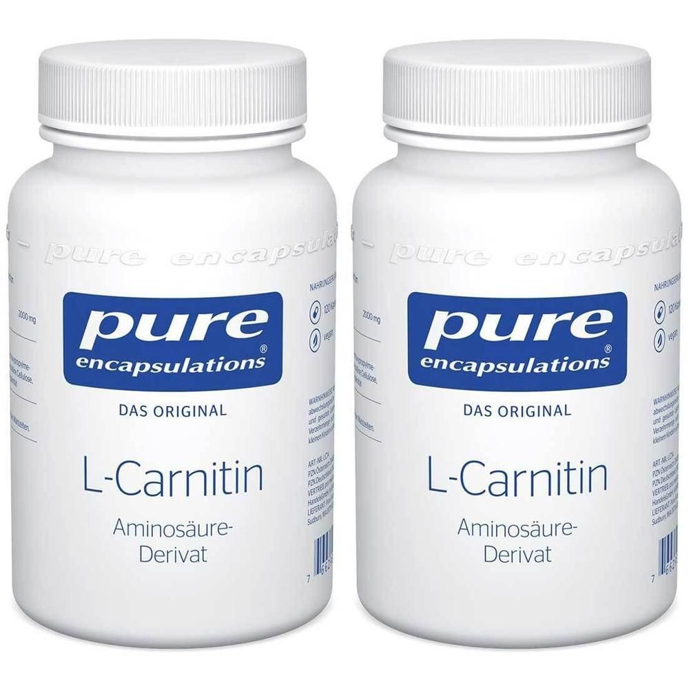 Zwei weiße Flaschen L-Carnitin von pure encapsulations® mit blauen Etiketten.