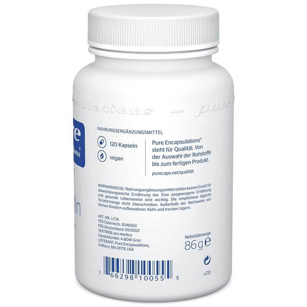 Rückseite einer weißen Flasche L-Carnitin von pure encapsulations®, mit Nährwertangaben und Barcode.