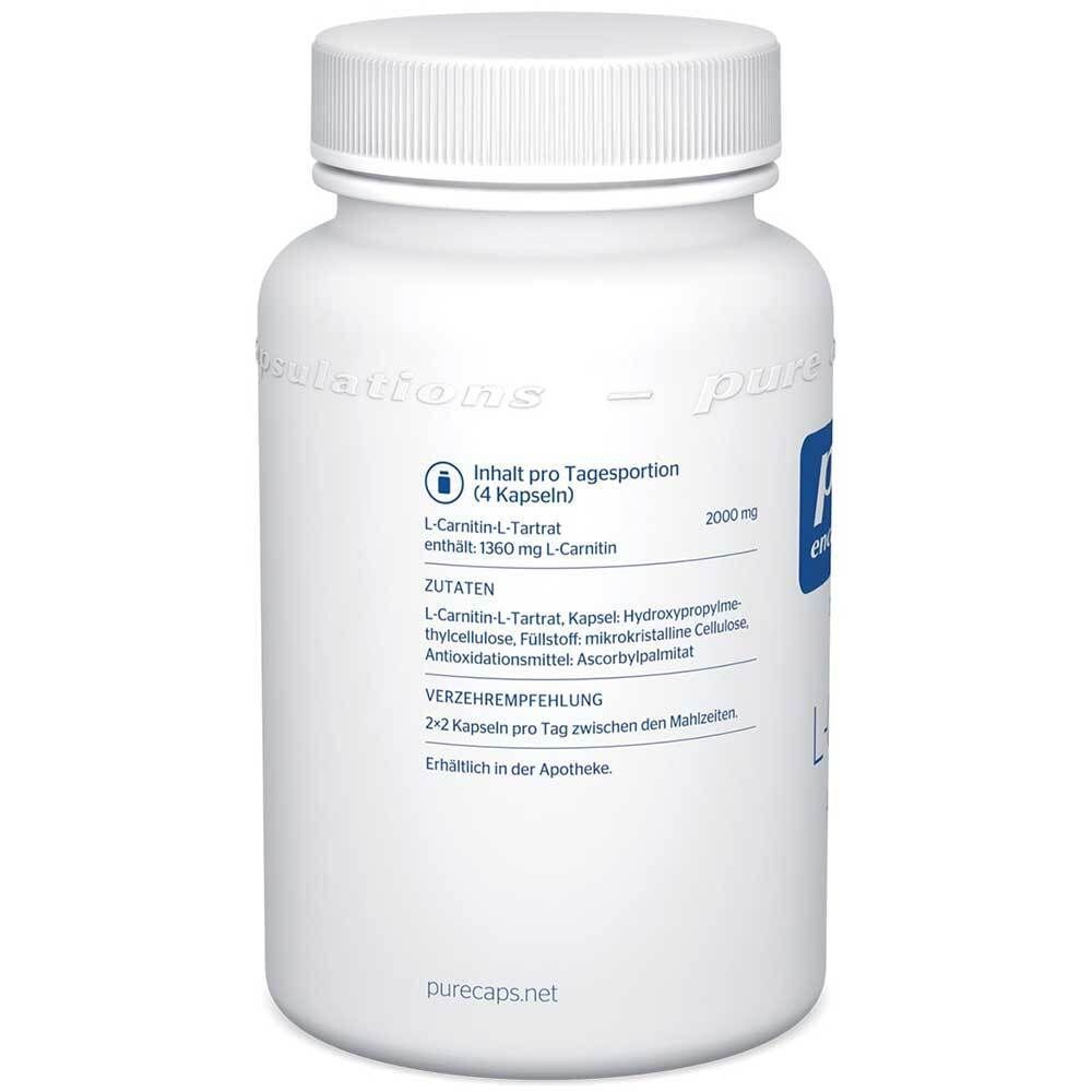 Rückseite einer weißen Flasche L-Carnitin von pure encapsulations®, mit Zutaten und Verzehrempfehlung.