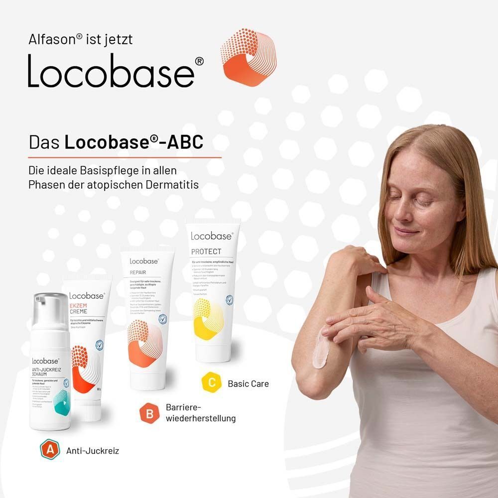 Drei Locobase Produkte, darunter Protect, mit einer Frau, die Creme auf den Arm aufträgt.