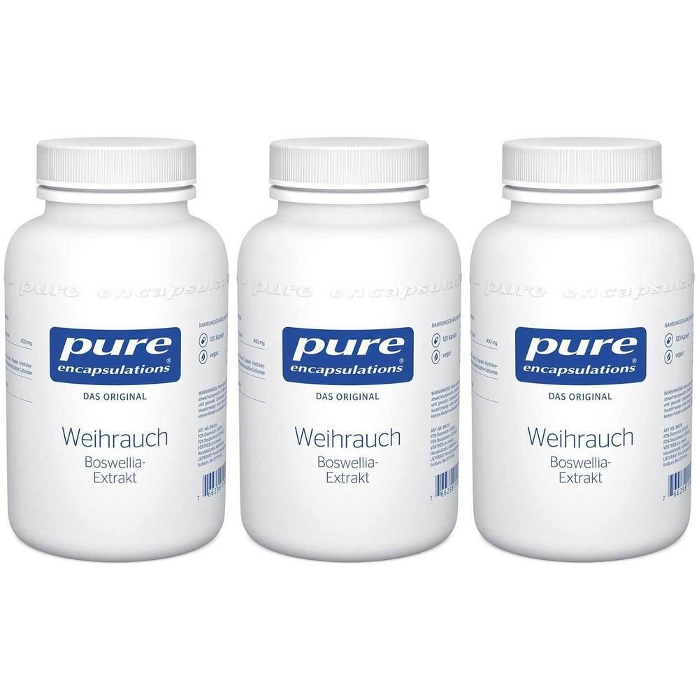 Drei weiße Flaschen mit Pure Encapsulations® Weihrauch Boswellia-Extrakt.
