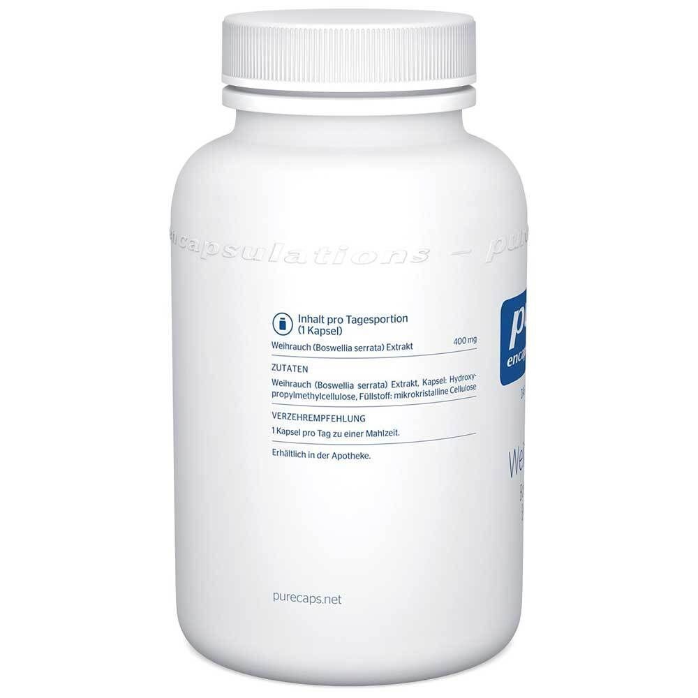 Rückseite einer weißen Flasche mit Pure Encapsulations® Weihrauch Boswellia-Extrakt.