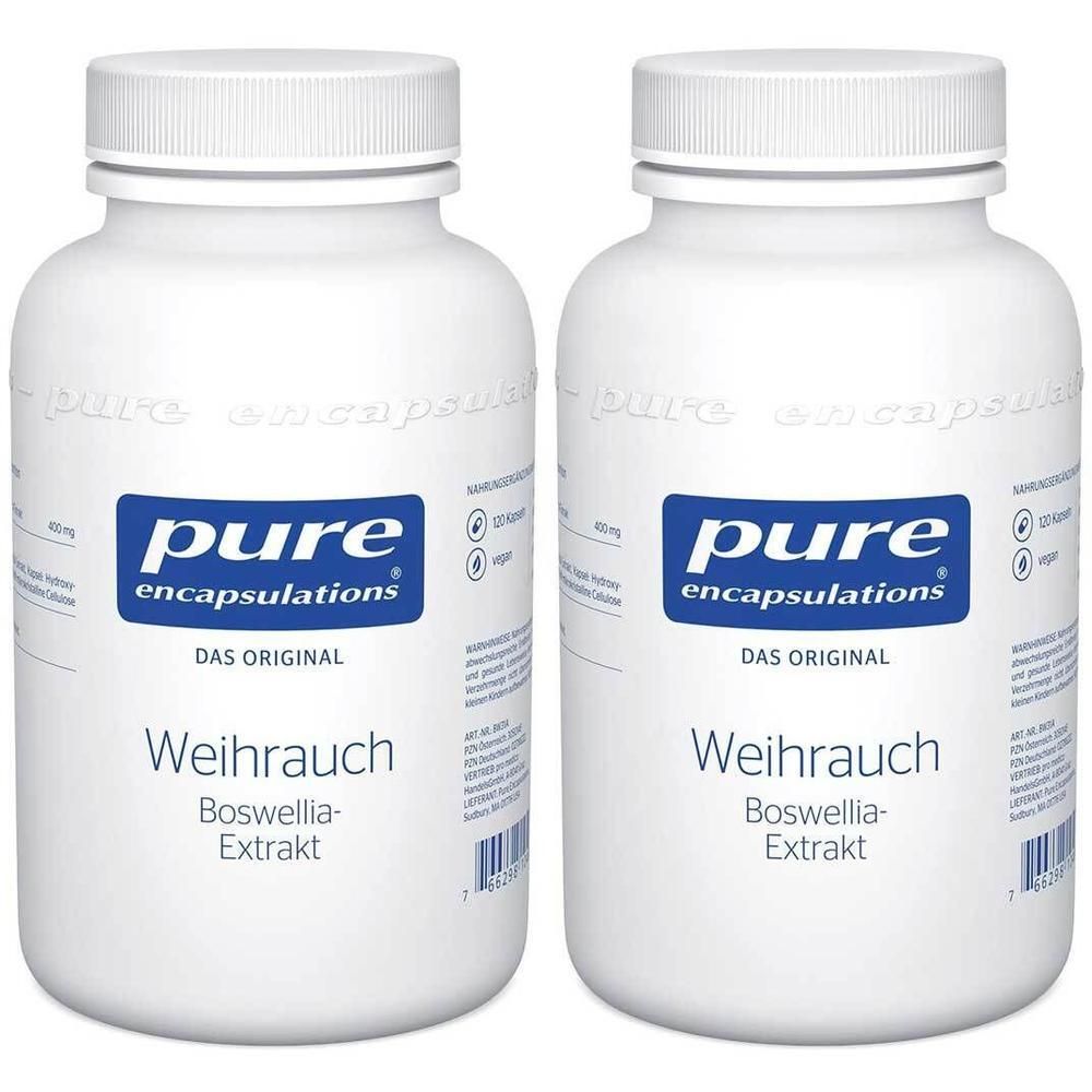 Zwei weiße Flaschen Pure Encapsulations® Weihrauch Boswellia-Extrakt mit blauen Etiketten.