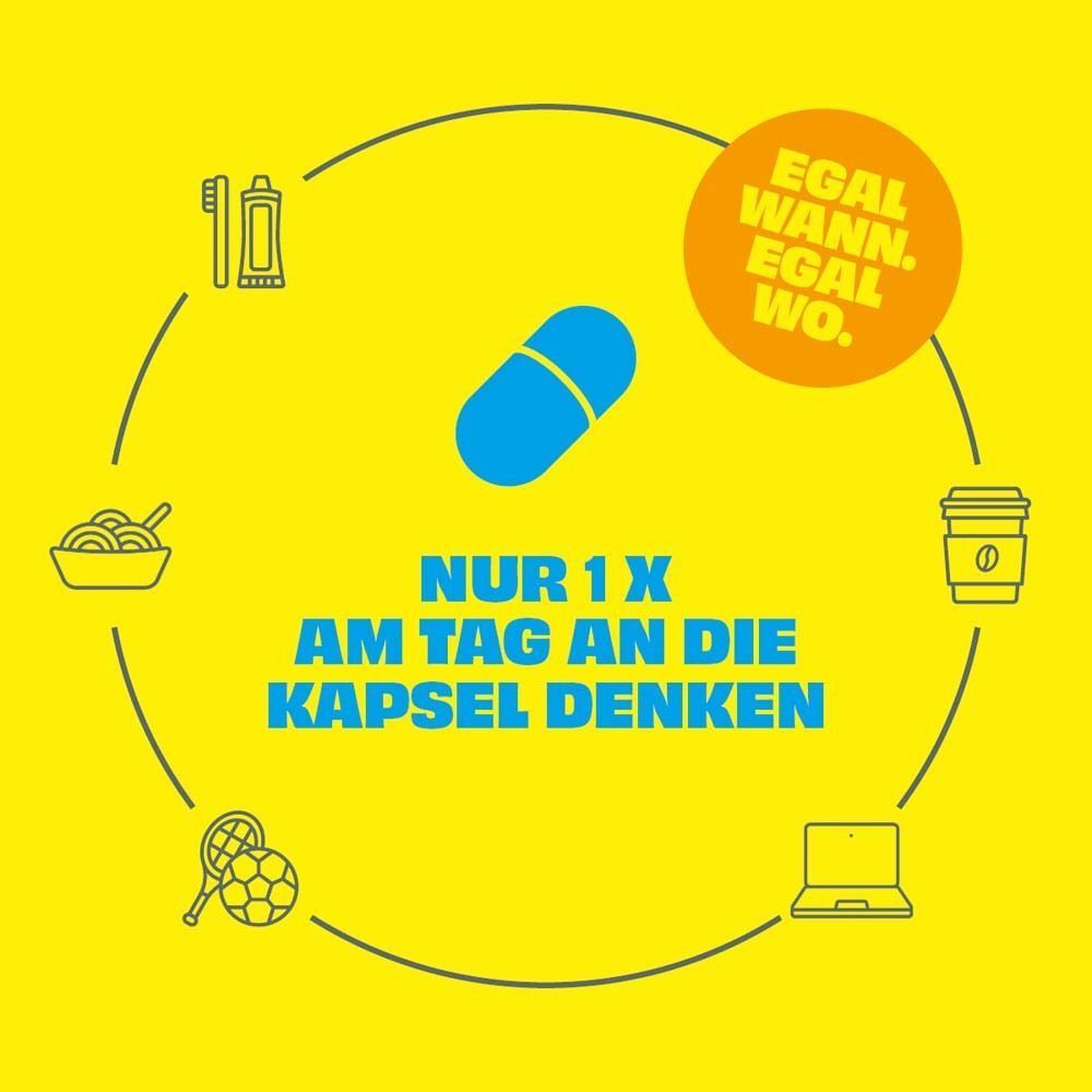 Eine blaue Kapsel im Zentrum, umgeben von Icons, die tägliche Aktivitäten darstellen. Nur 1x täglich einnehmen.
