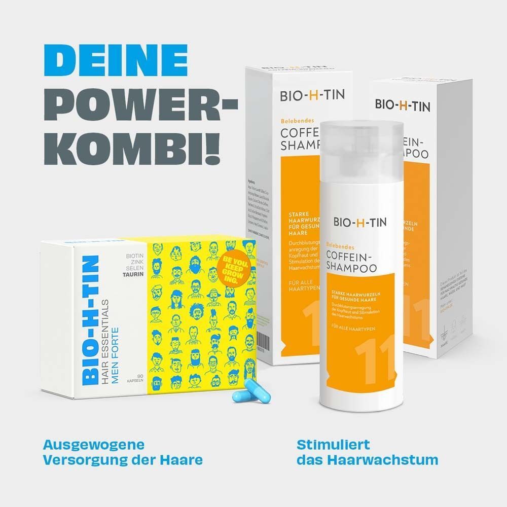 Kombination aus BIO-H-TIN Hair Essentials Men Forte Kapseln und BIO-H-TIN Koffein Shampoo. Für Haarwachstum.