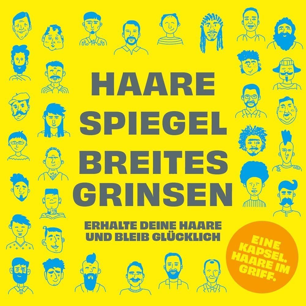 Hintergrund mit vielen stilisierten Gesichtern und dem Text 'Haare Spiegel Breites Grinsen'.
