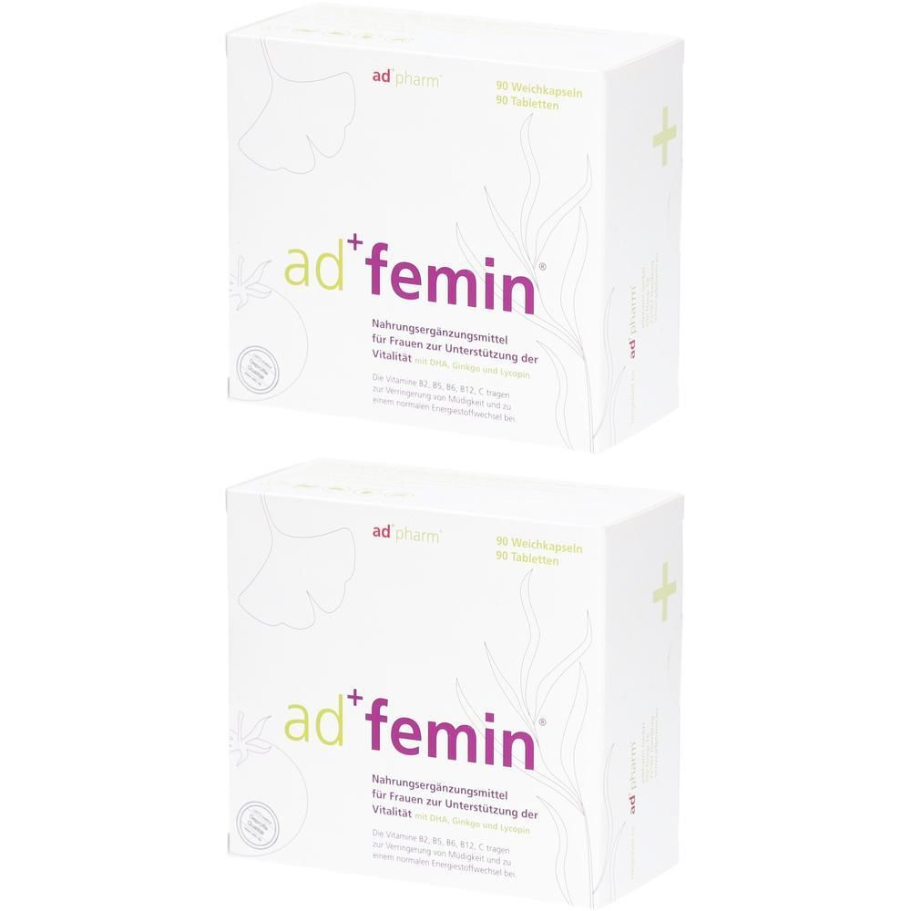 Zwei Packungen ad+femin Nahrungsergänzungsmittel für Frauen zur Unterstützung der Vitalität.