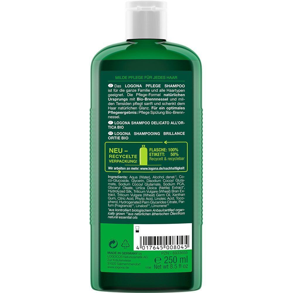 Rückseite einer grünen Flasche LOGONA Naturkosmetik Pflege Shampoo Bio-Brennnessel mit Produktinformationen und Recycling-Hinweis.