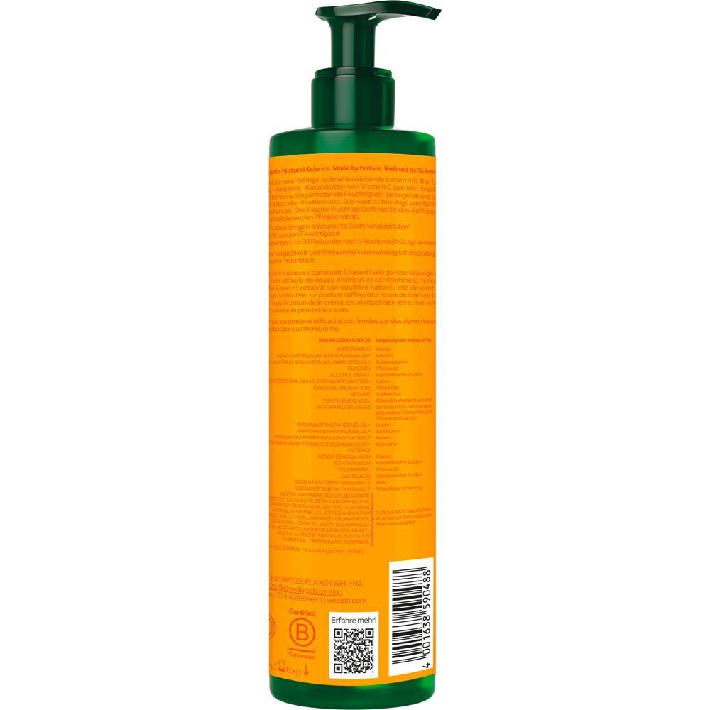 Rückseite einer Flasche Weleda Regenerierende Bodylotion mit Inhaltsstoffen und Anwendungshinweisen.