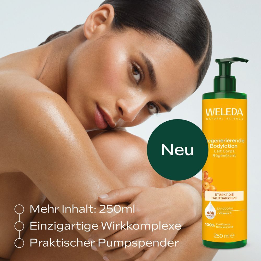 Frau mit Weleda Regenerierende Bodylotion, 250 ml, neu, mit praktischem Pumpspender.