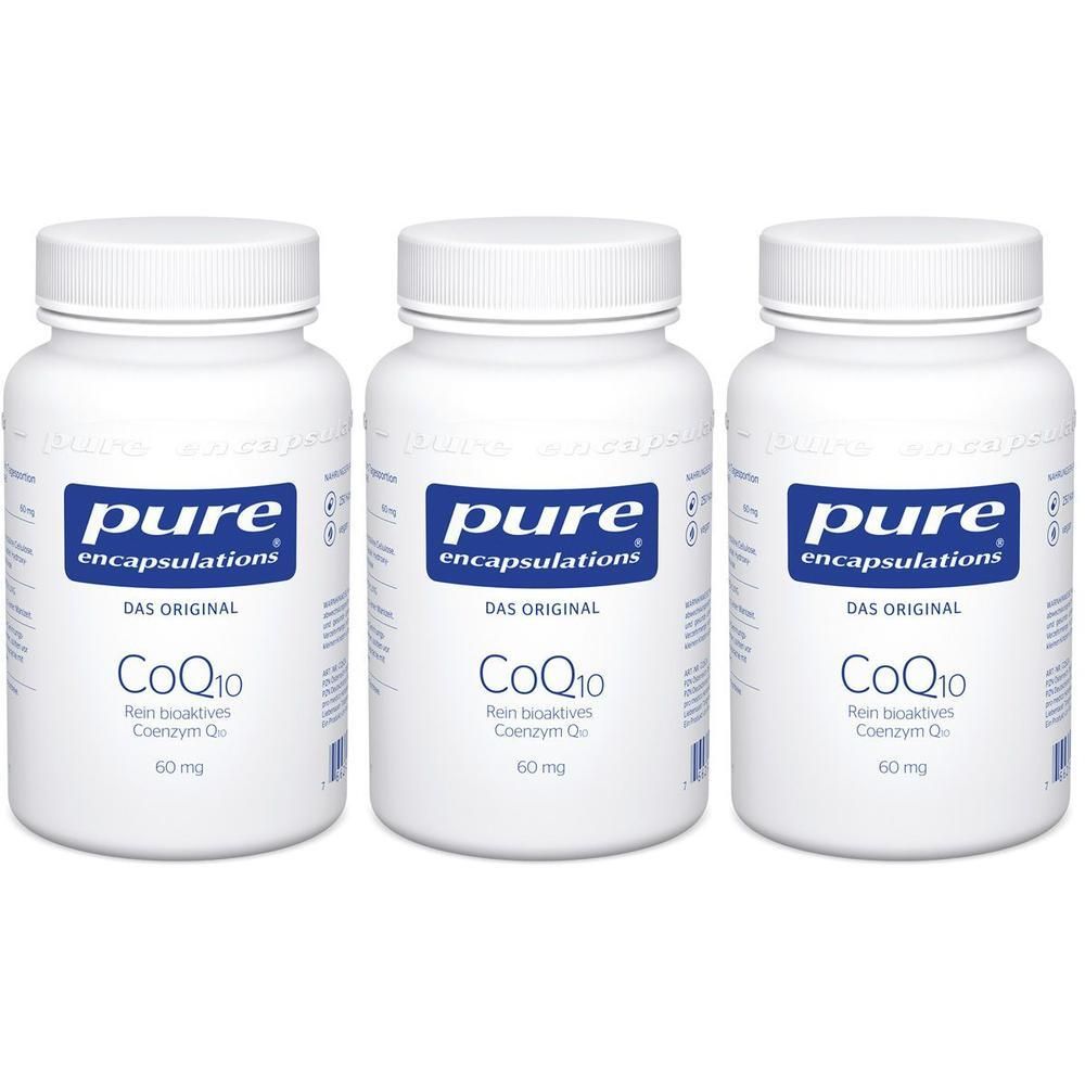 Drei weiße Flaschen Pure Encapsulations CoQ10 60mg mit blauen Etiketten.