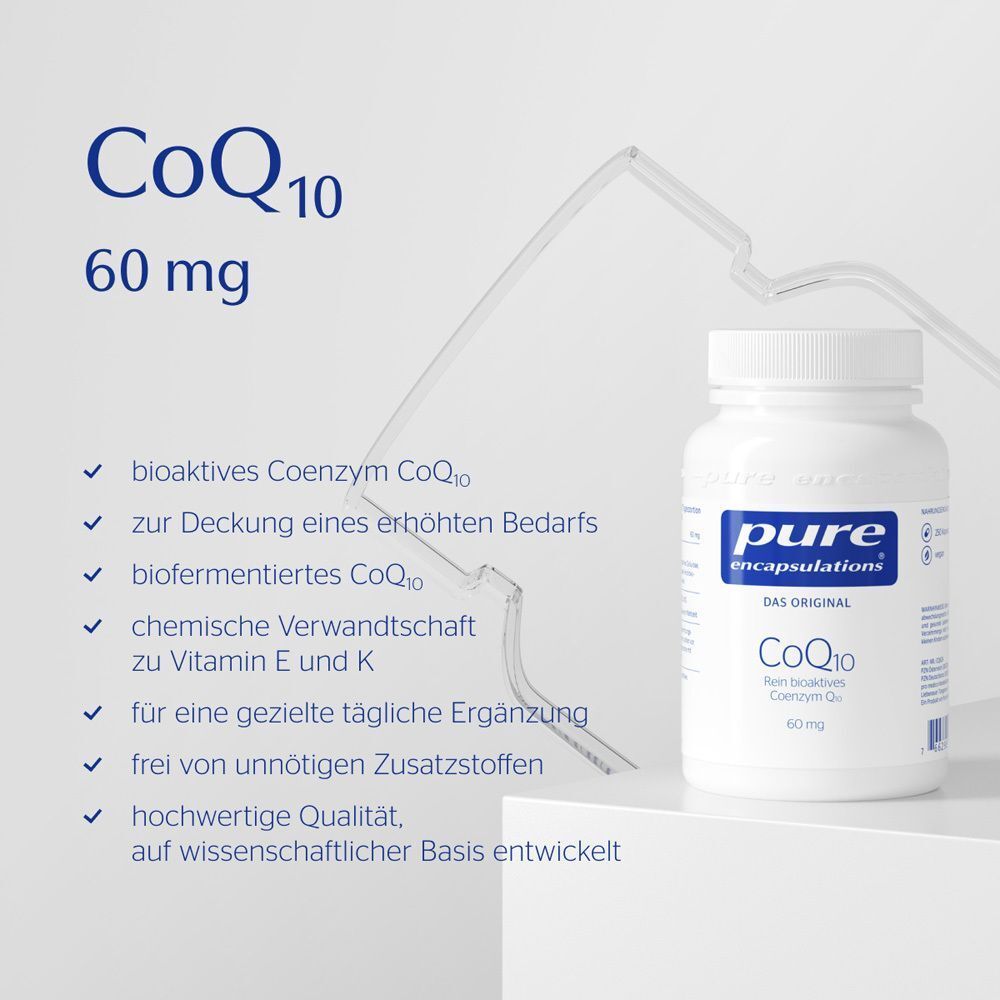 Eine weiße Flasche Pure Encapsulations CoQ10 60mg neben einer Liste von Produktmerkmalen.